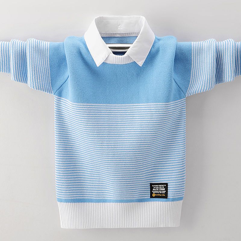 Boys’ Sky Blue Knit Sweater with White Collar | Mini Major Kids