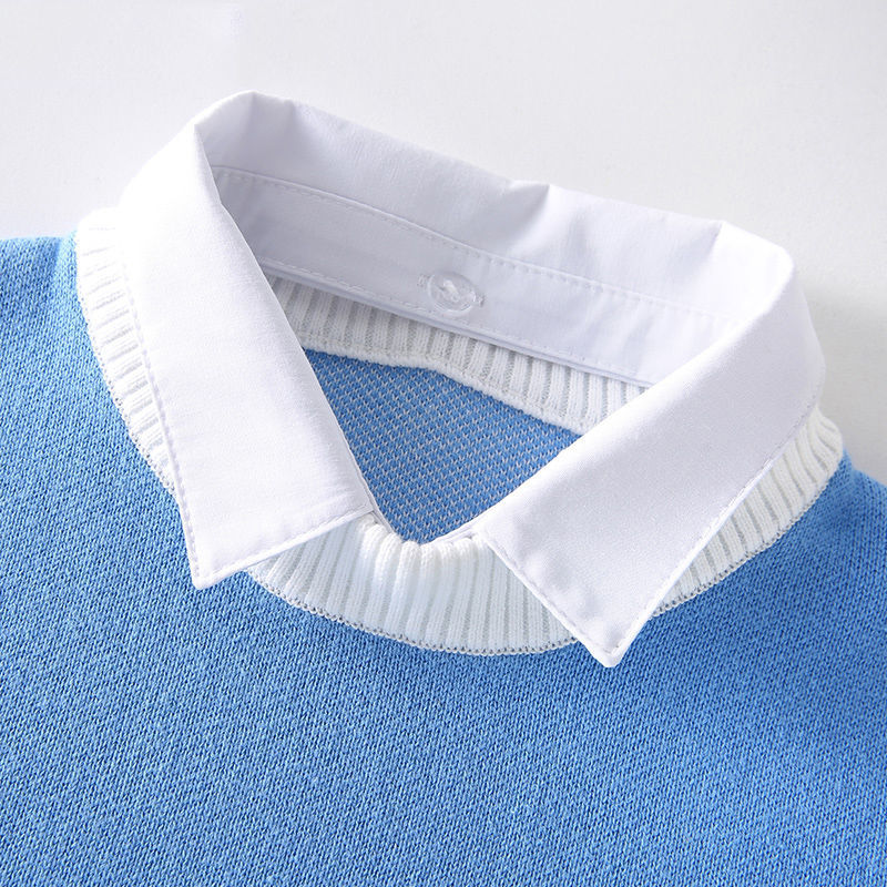 Boys’ Sky Blue Knit Sweater with White Collar | Mini Major Kids