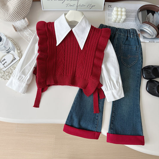 Girls Lavender Ruffle Sweater Vest Outfit – White Blouse & Denim Pants Set