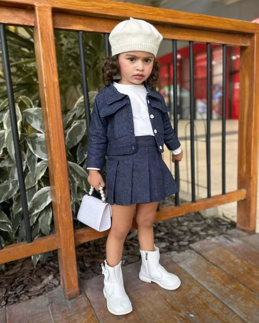 Chic Mini Trendsetter – Denim Jacket & Pleated Skirt Set