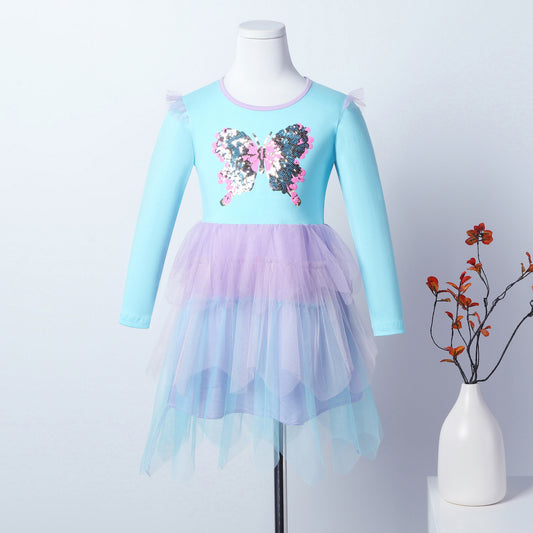 Butterfly Sparkle Tulle Dress – Long Sleeve Princess Party Dress for Girls